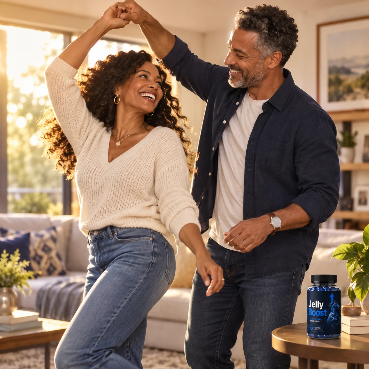 Smiling middle-aged couple dancing together in their living room, representing renewed male vitality and confidence with JellyBoost®