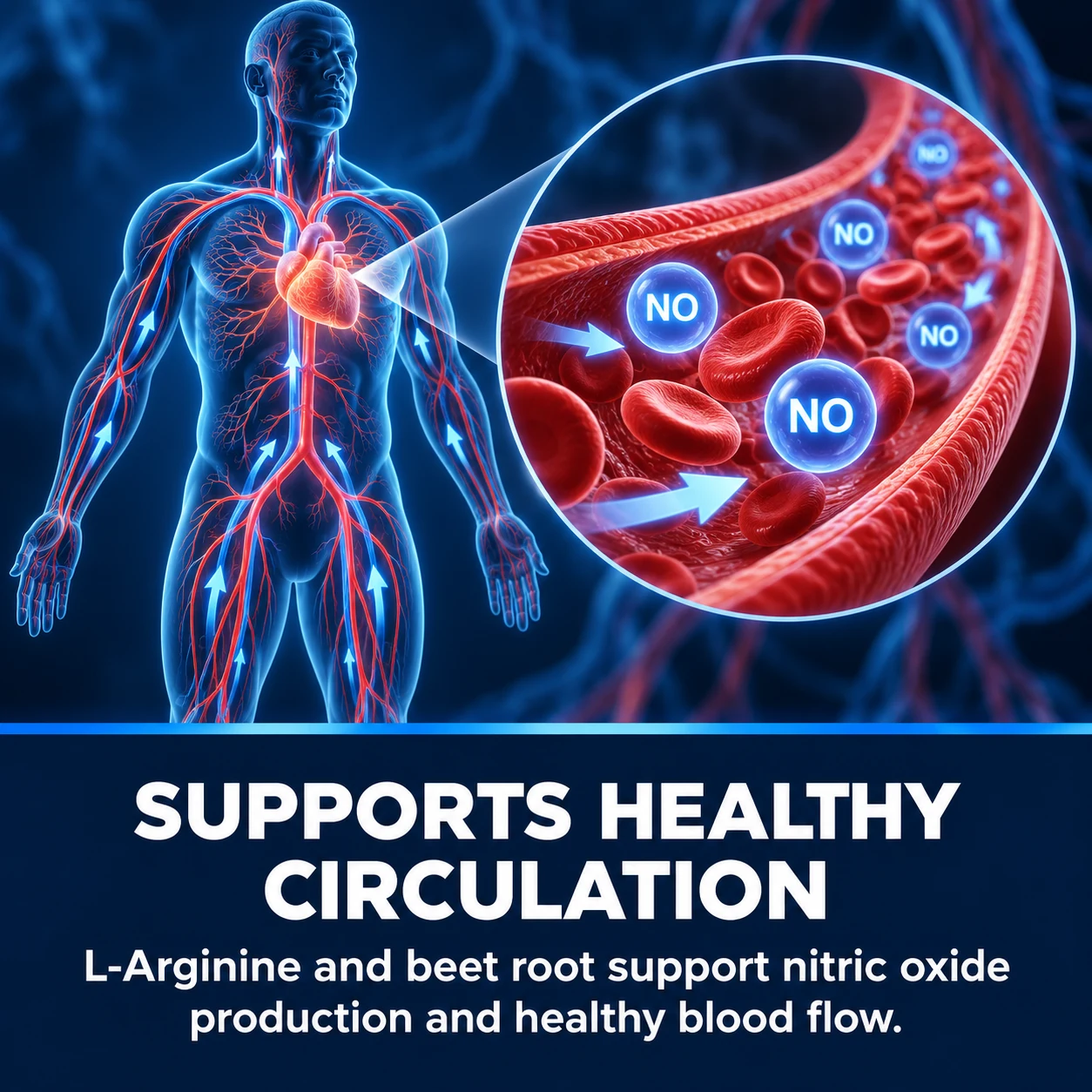 Supports healthy circulation — diagram of nitric oxide (NO) molecules supporting blood flow through an artery, illustrating how L-Arginine and beet root support circulation