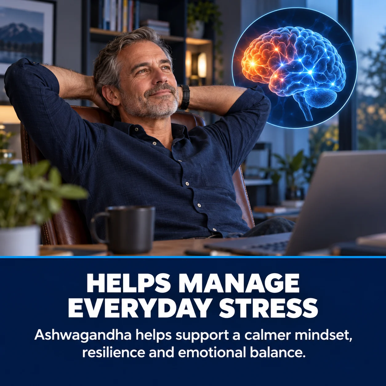 Helps manage everyday stress — relaxed man at his desk with a glowing brain illustration representing stress management and mental resilience